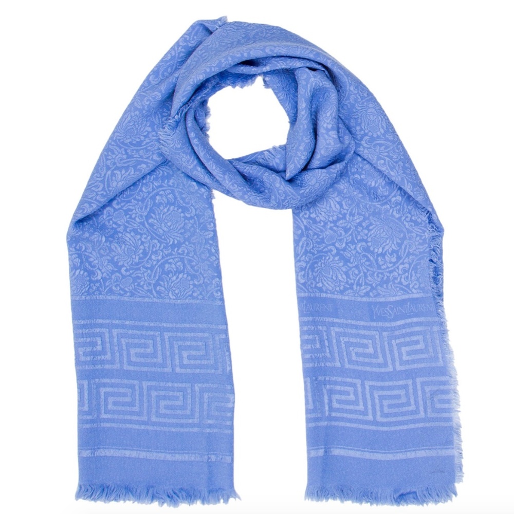 Pale blue Yves Saint Laurent scarf with embroidery throughout, lettering logo at